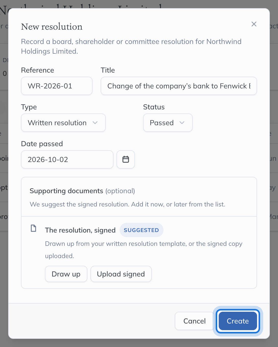 The New resolution dialog filled in for a written resolution, passed on 2 October 2026.
