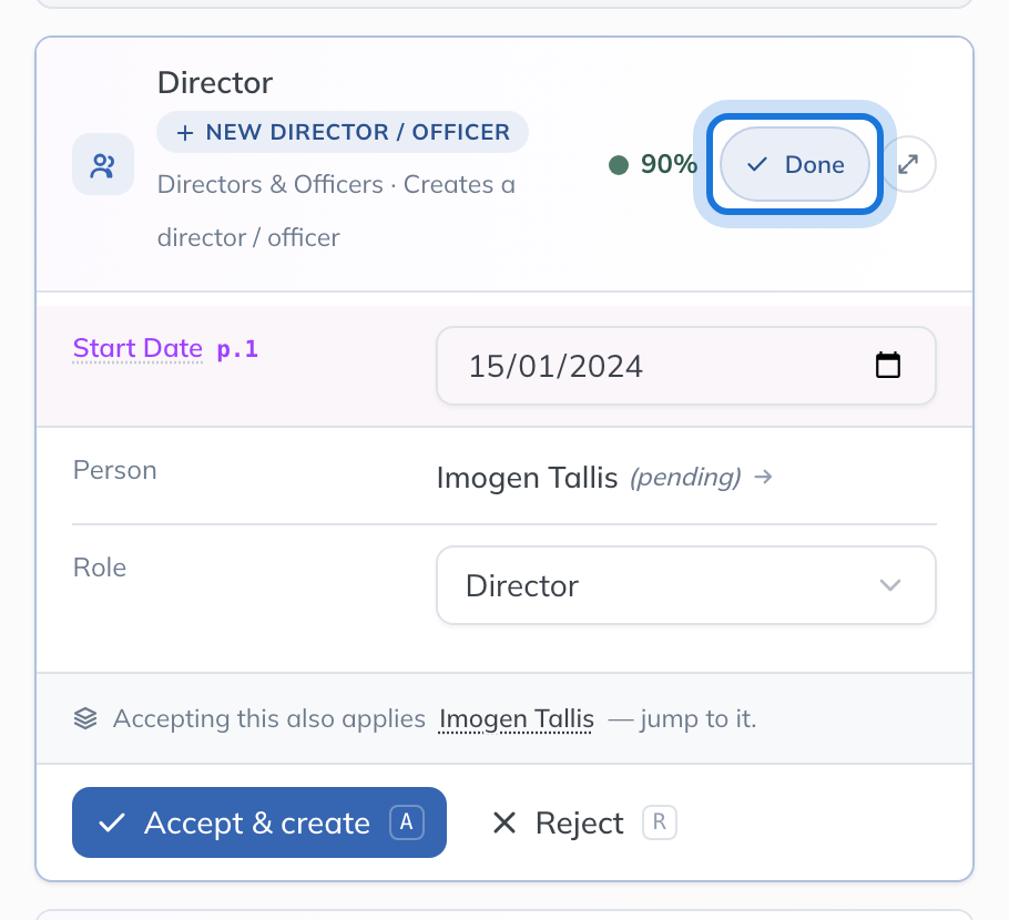 The proposal open for editing, each field now a control, with Done highlighted.