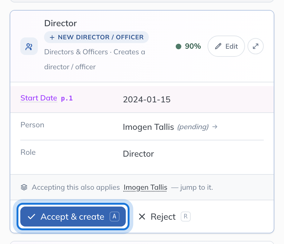 A proposed new director read from the board consent, with the fields IQ read, its confidence, and Accept & create highlighted.