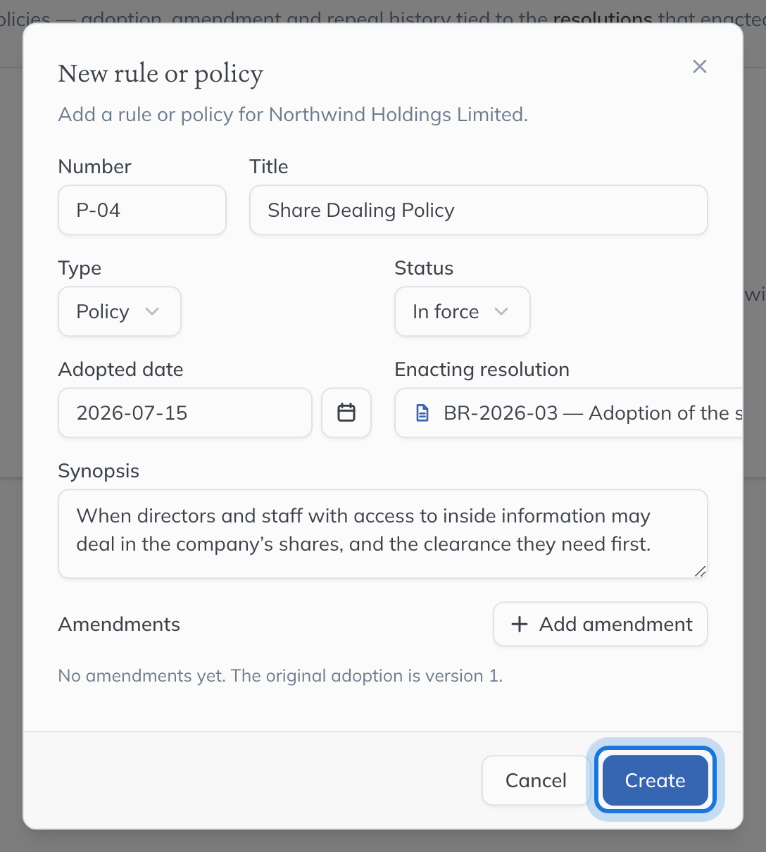 The New rule or policy dialog filled in for a share dealing policy, adopted by board resolution BR-2026-03.