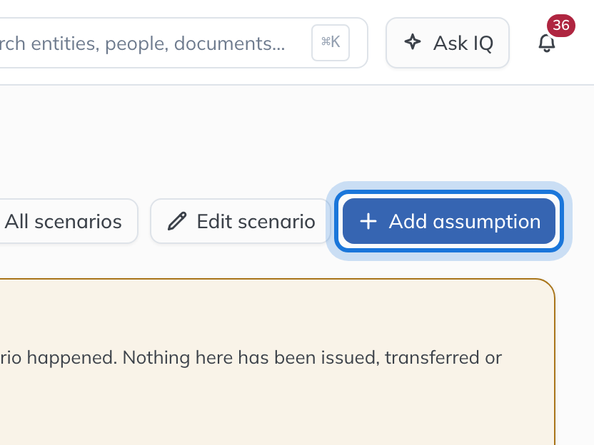 The scenario page header, with Add assumption highlighted.