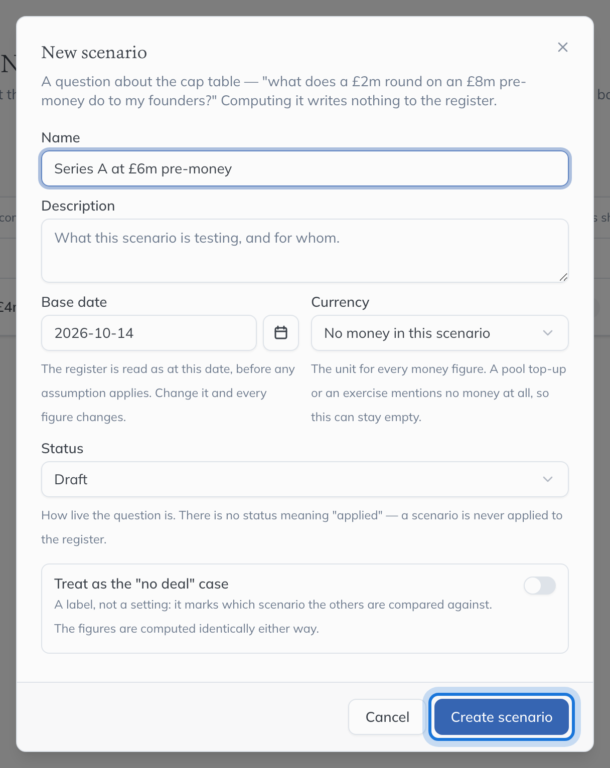 The New scenario dialog: a name, a description, the base date the register is read at, and the currency.