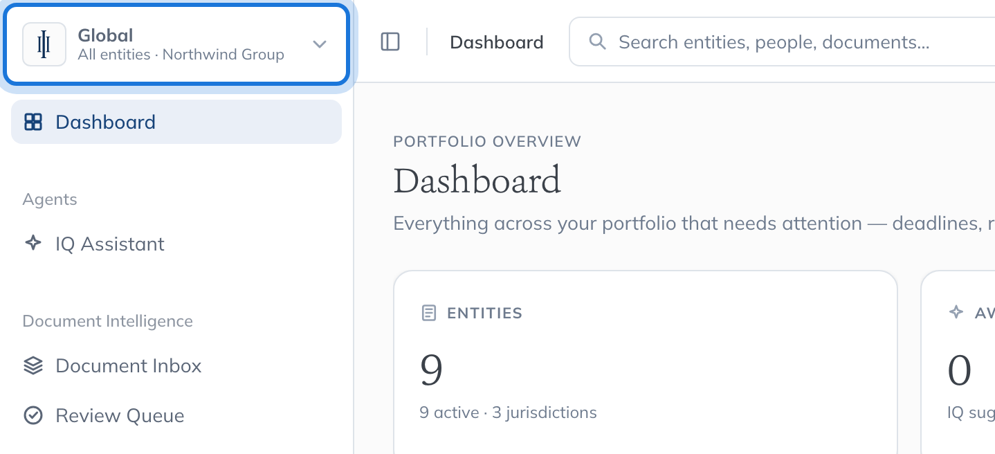 The scope switcher at the top of the sidebar, reading Global, All entities.