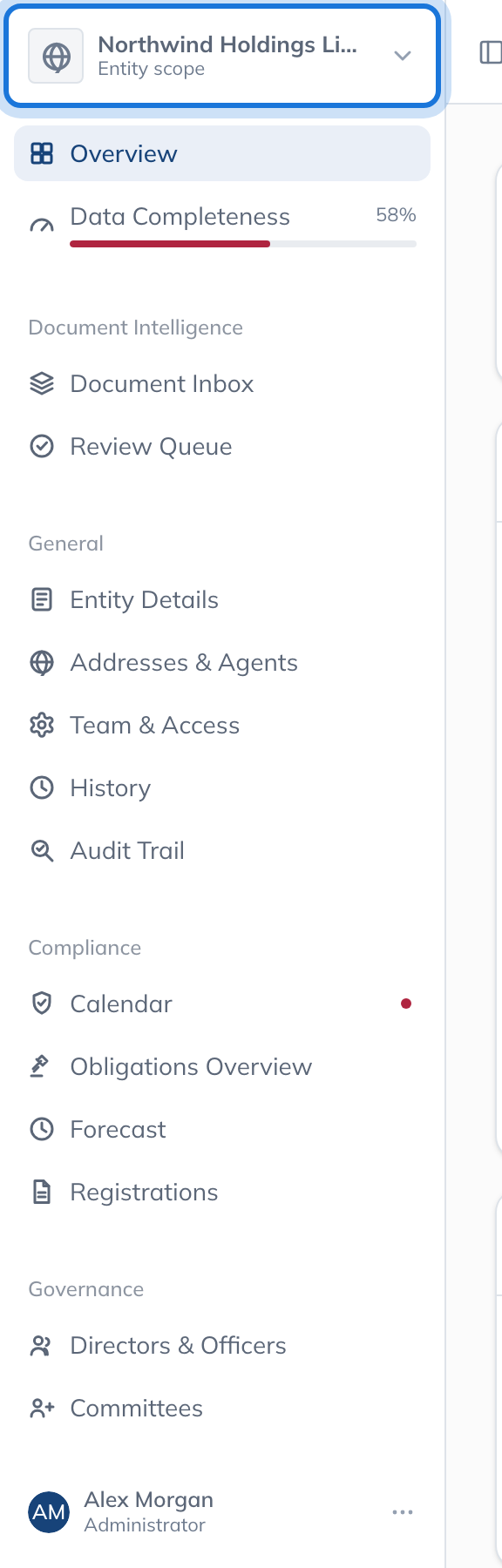 The sidebar in entity scope: Northwind Holdings Limited at the top, and the menu of that entity’s own pages below it.