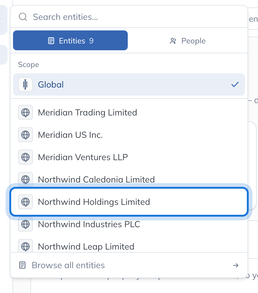 The scope switcher open on its Entities tab, listing Global and the Northwind entities.