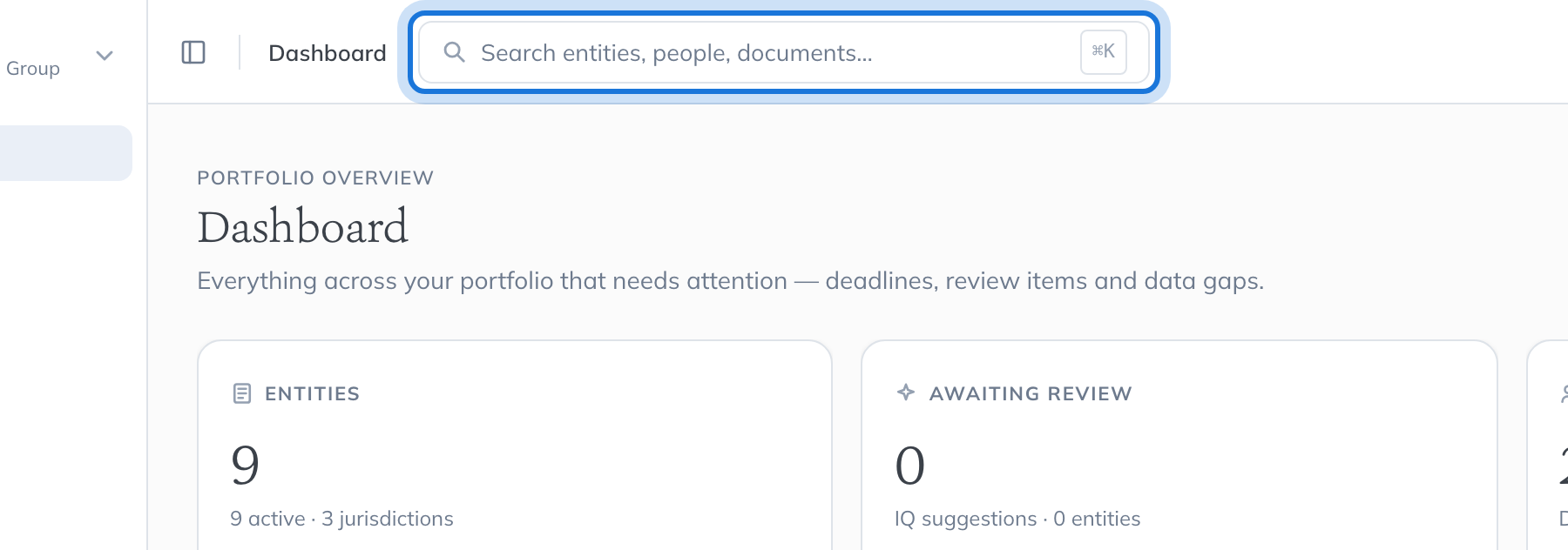 The search box in the top bar, reading "Search entities, people, documents…" with the ⌘K shortcut beside it.