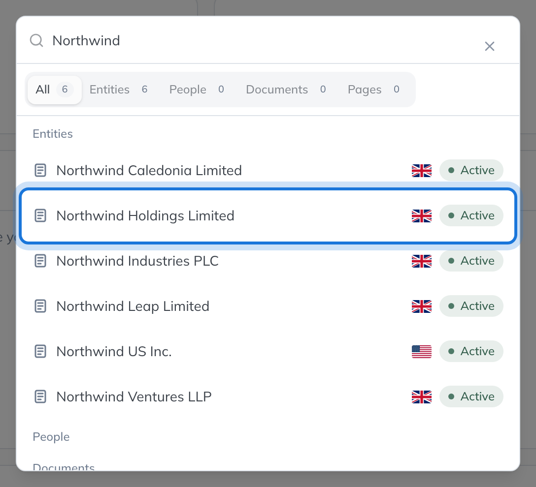 The search palette with "Northwind" typed, listing the Northwind entities.