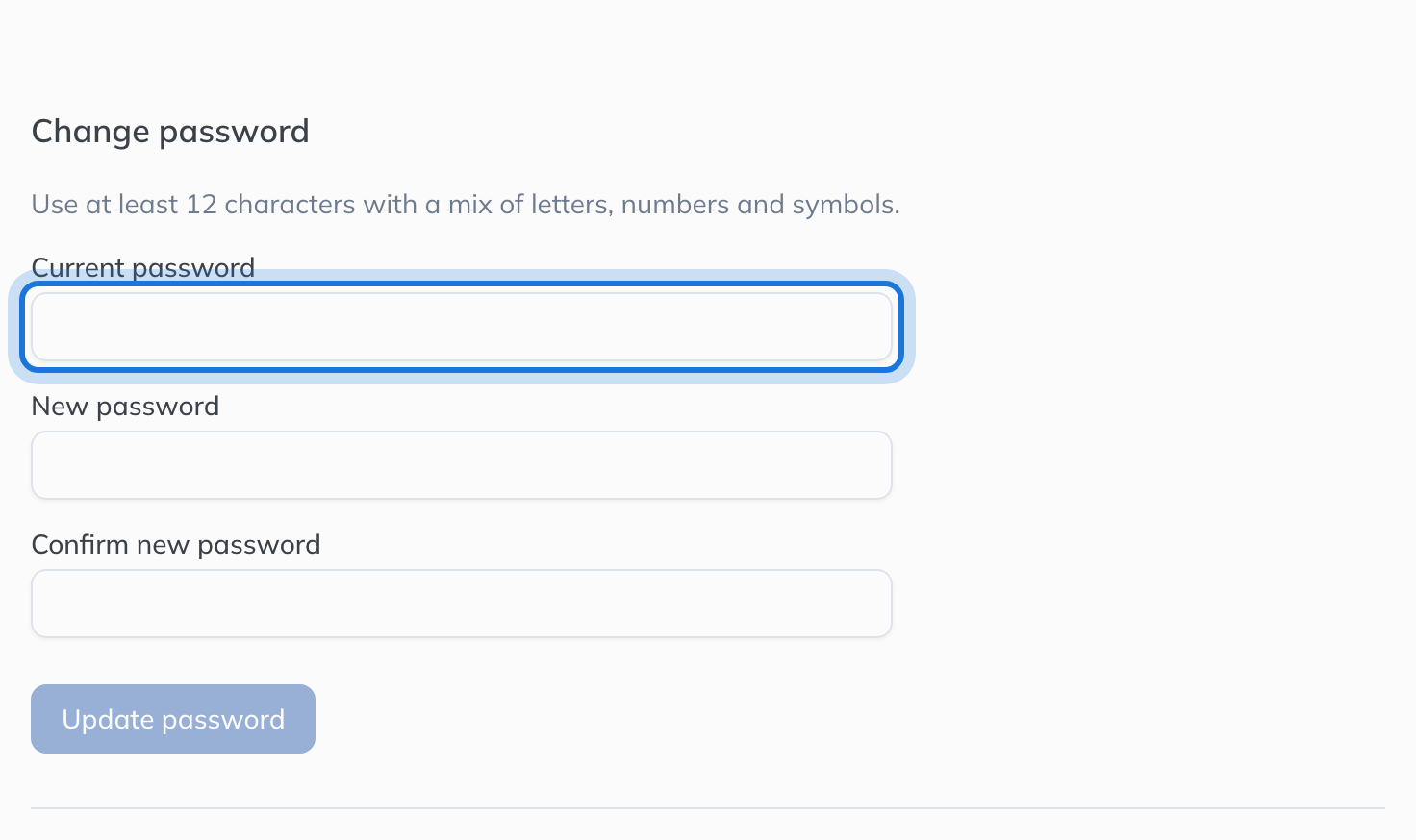 The Change password section: Current password, New password and Confirm new password.