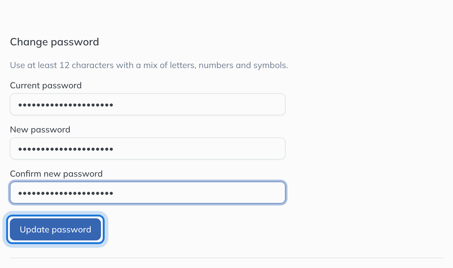 The Update password button under the three password fields.