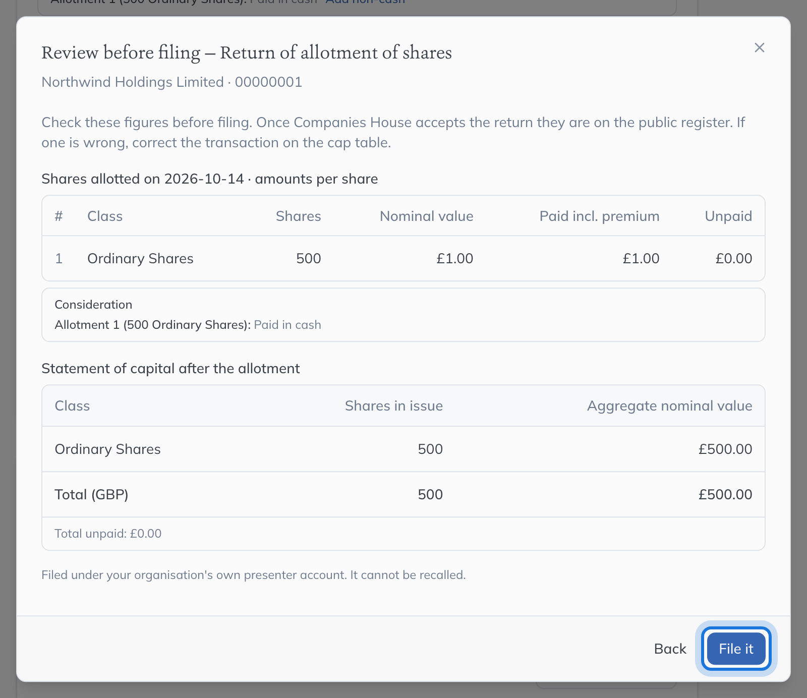The Review before filing dialog for the return of allotment, with the shares and the statement of capital it sends.