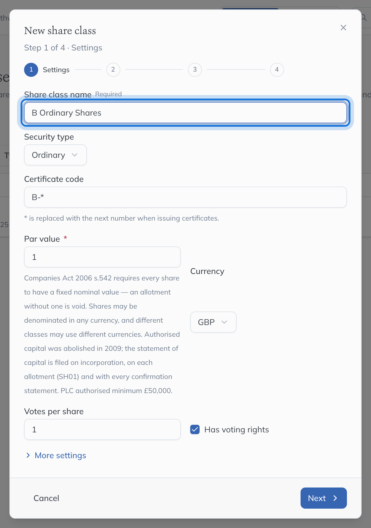 The Settings step of New share class, filled in for B Ordinary Shares with a par value and one vote per share.