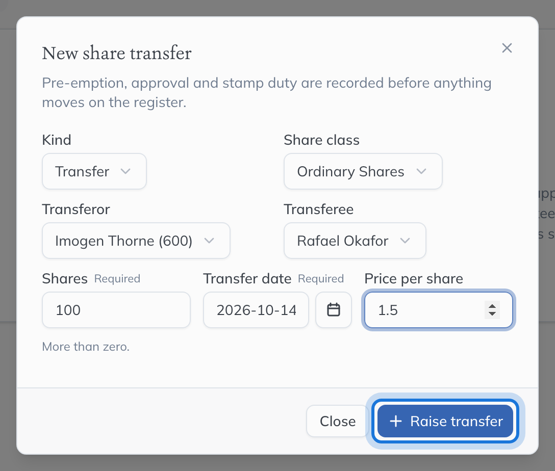 The New share transfer dialog: 100 Ordinary Shares from Imogen Thorne to Rafael Okafor, with the transfer date and price per share.