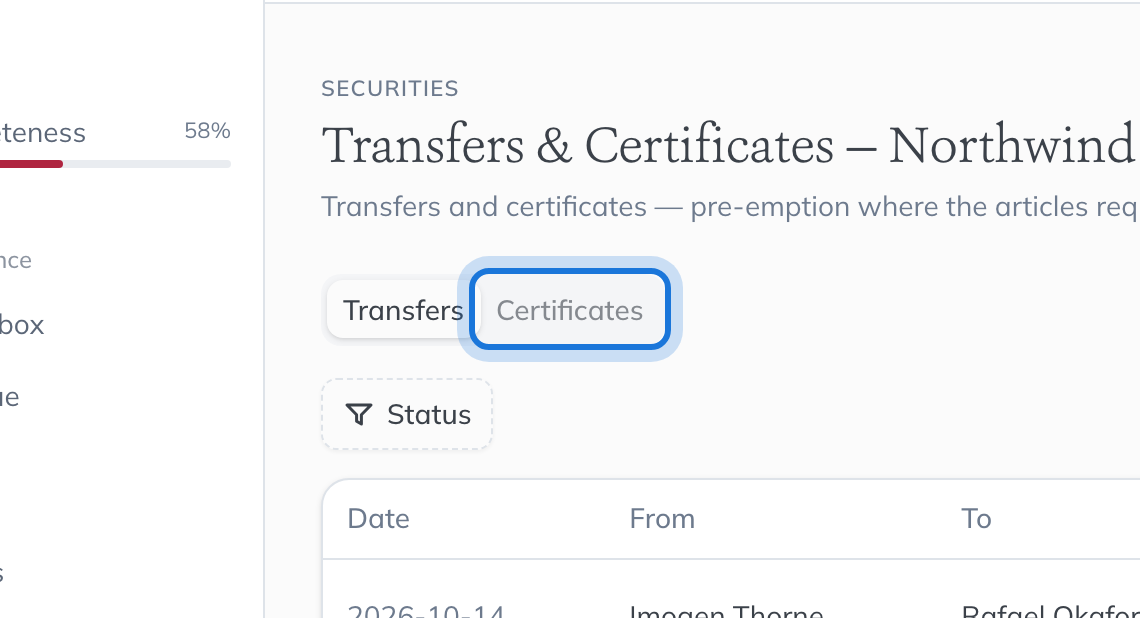 The registered transfer in the list, with the Certificates tab highlighted.