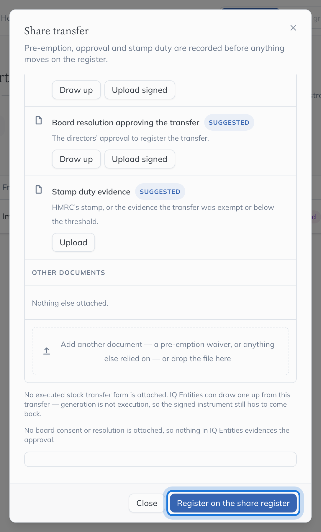 The transfer ready to register, with Register on the share register highlighted.