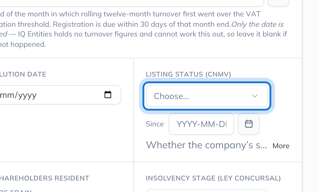 The company’s details, with the Listing status (CNMV) field highlighted.