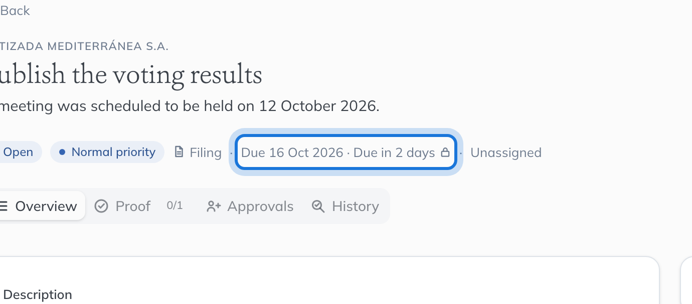 The task to publish the voting results, with its due date, a few days after the meeting was held, highlighted under the title.