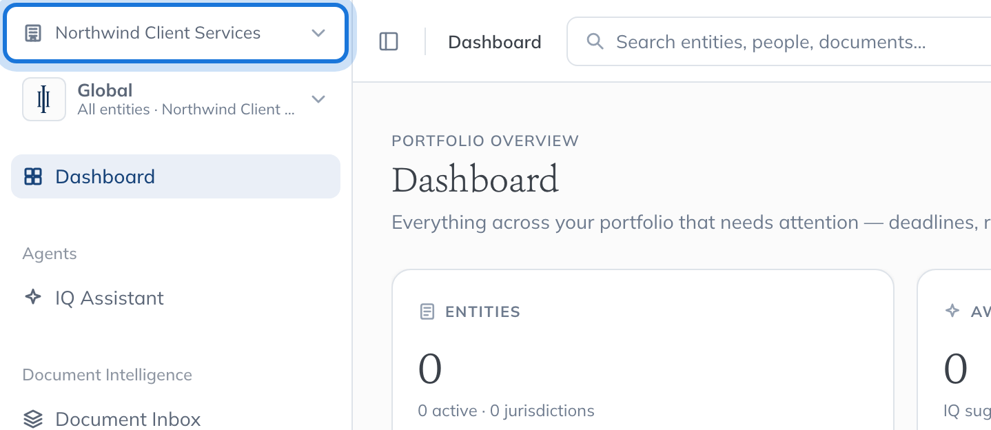 The organisation switcher at the very top of the sidebar, naming the organisation you are working in.