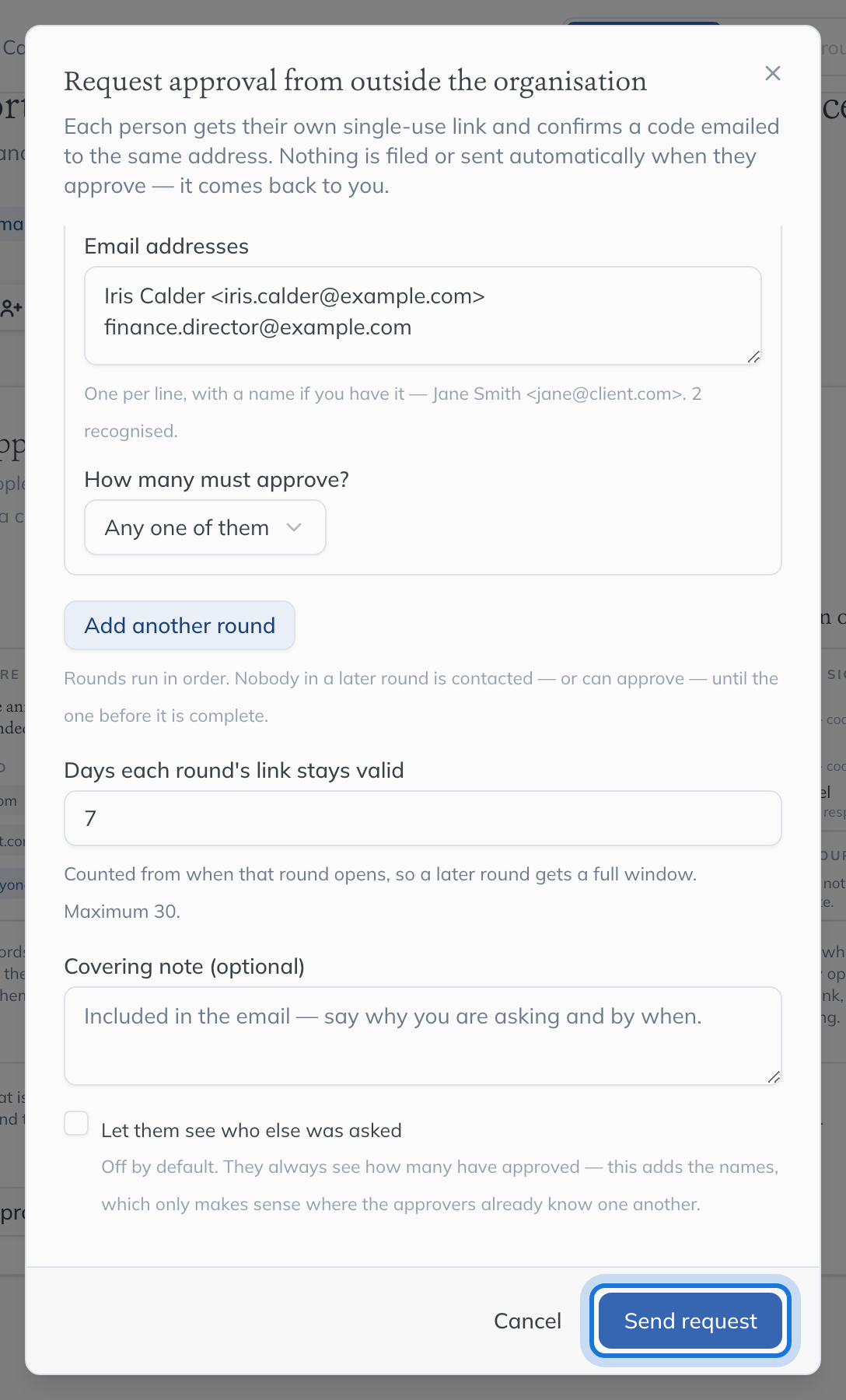 The Request approval from outside the organisation dialog, with the statement to approve and two approvers filled in, and Send request highlighted.
