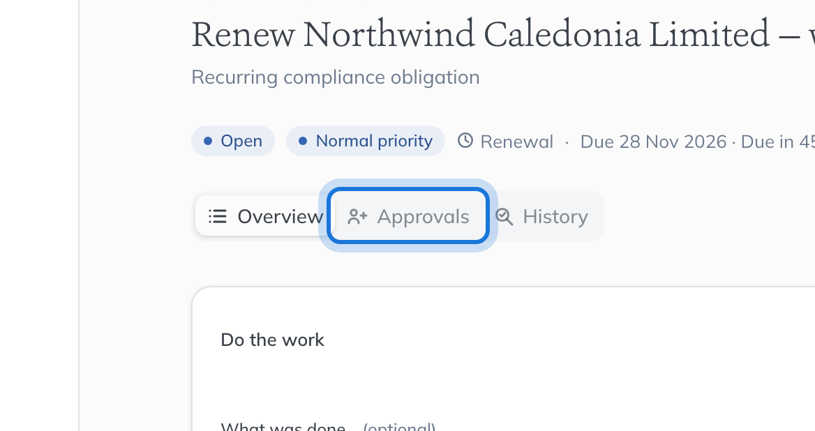 The Approvals tab on a task, highlighted.