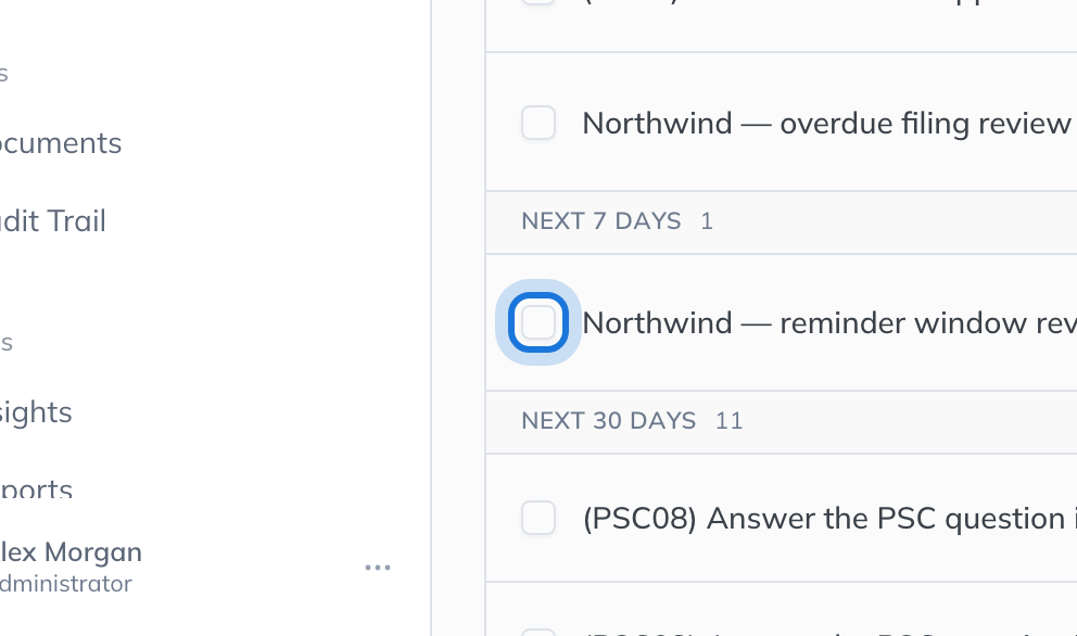 The checkbox at the start of a task row, highlighted.