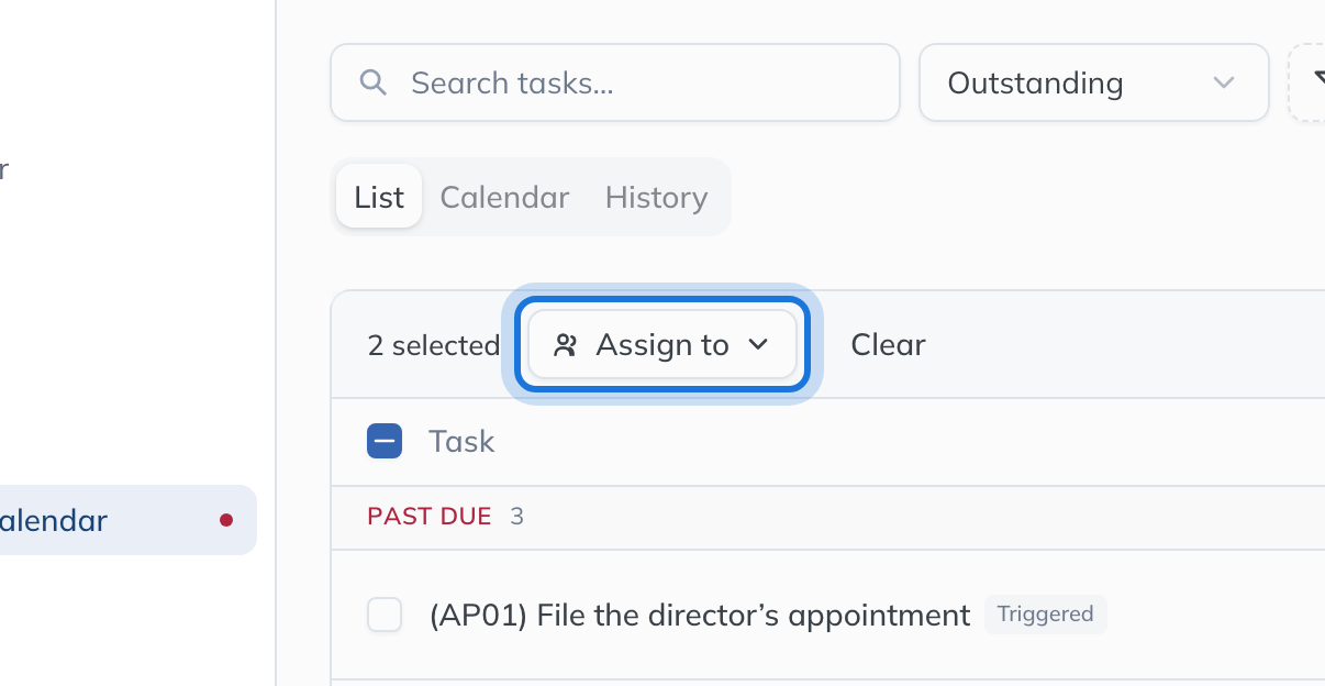 Two tasks selected, and the Assign to button in the bar above the list highlighted.