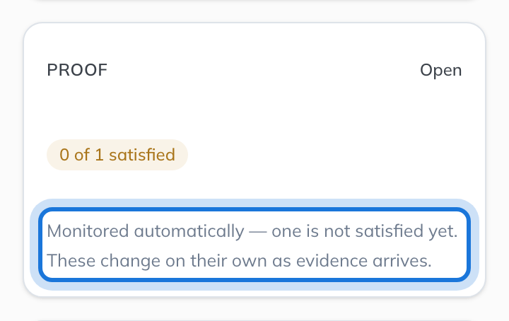 The Proof card on the right of the task, with nothing satisfied yet.