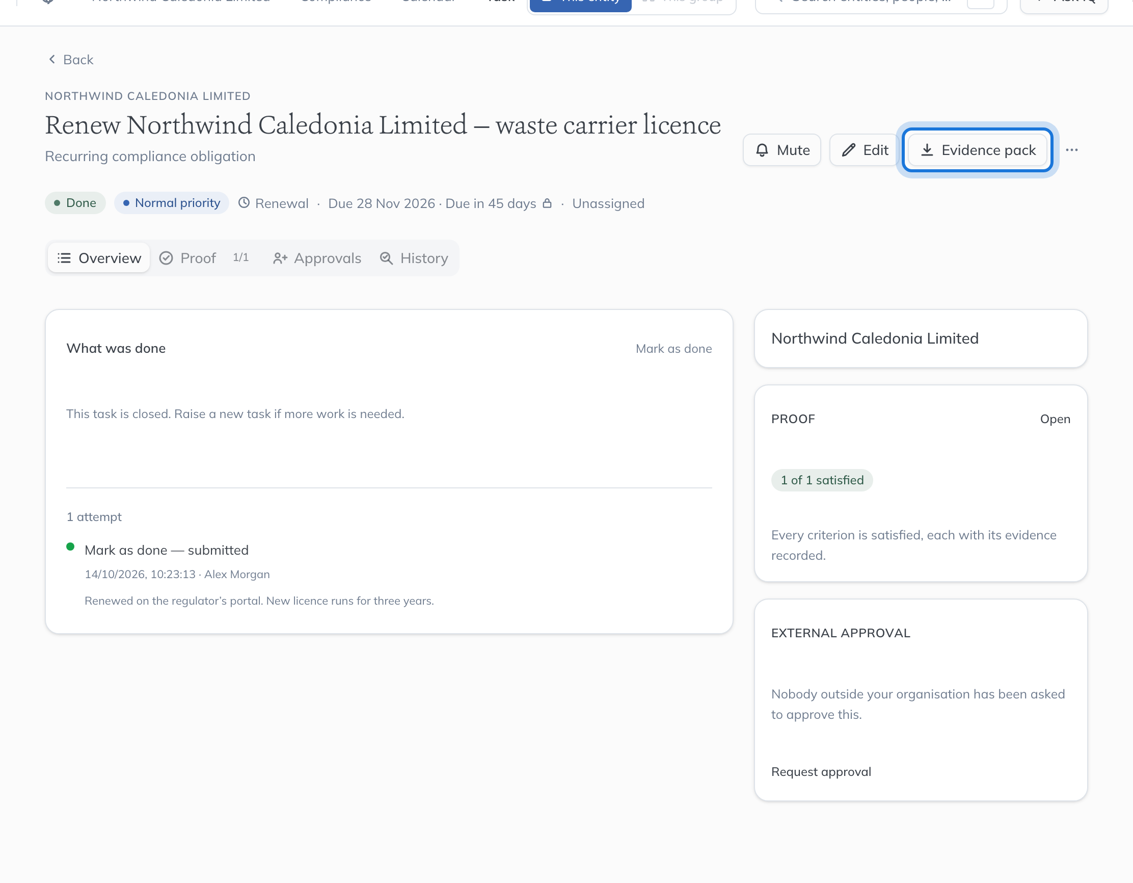 The task marked Done, with Evidence pack highlighted in its header.