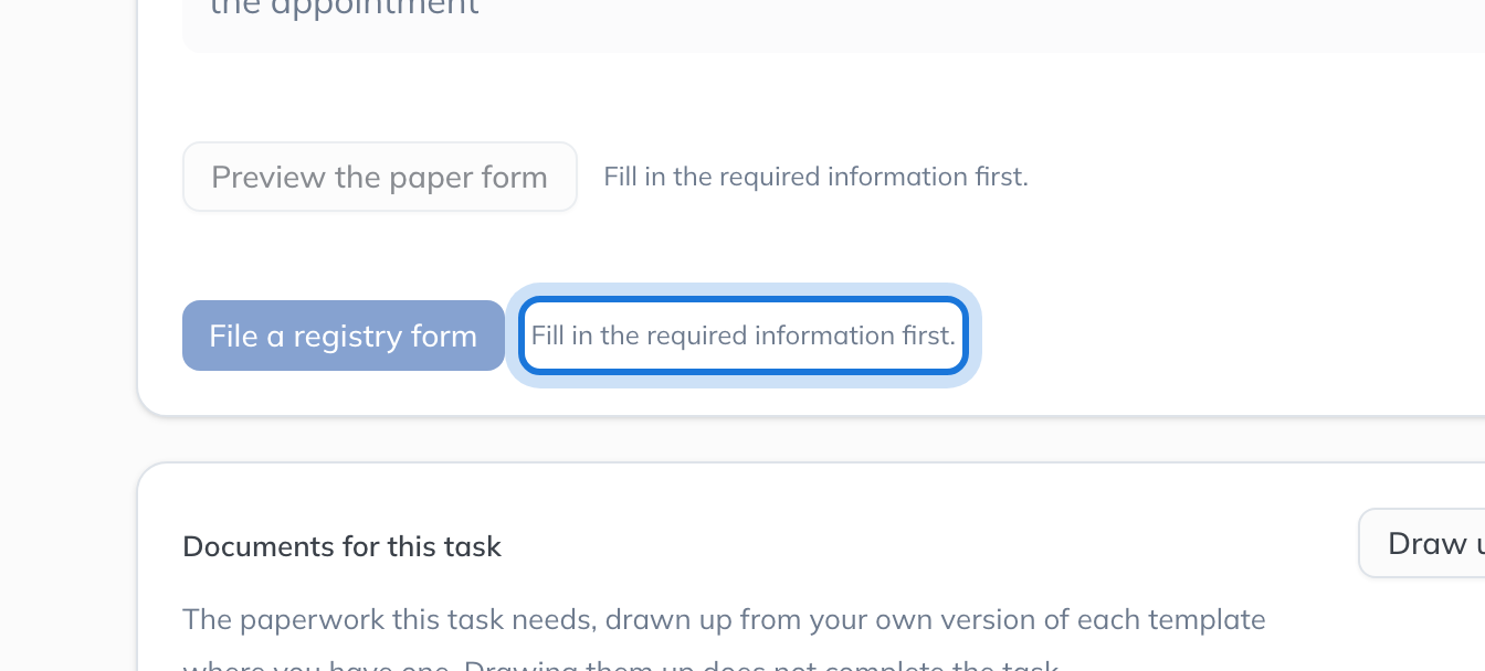 The filing button held, with Fill in the required information first beside it.