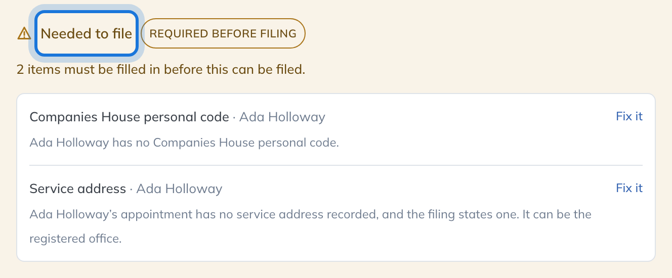 The Needed to file card, marked Required before filing, listing each item the record is missing.