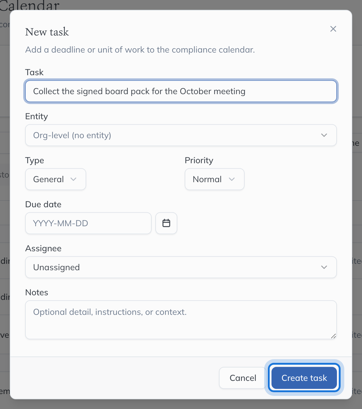 The New task dialog with a task name filled in: Entity, Type, Priority, Due date, Assignee and Notes, and Create task highlighted.