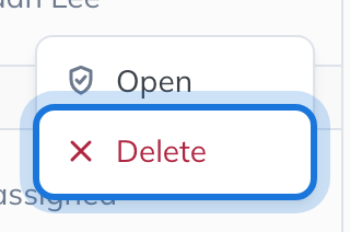 The row menu with Open and Delete, Delete highlighted.