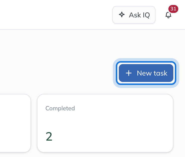 The New task button at the top right of the Compliance Calendar, highlighted.