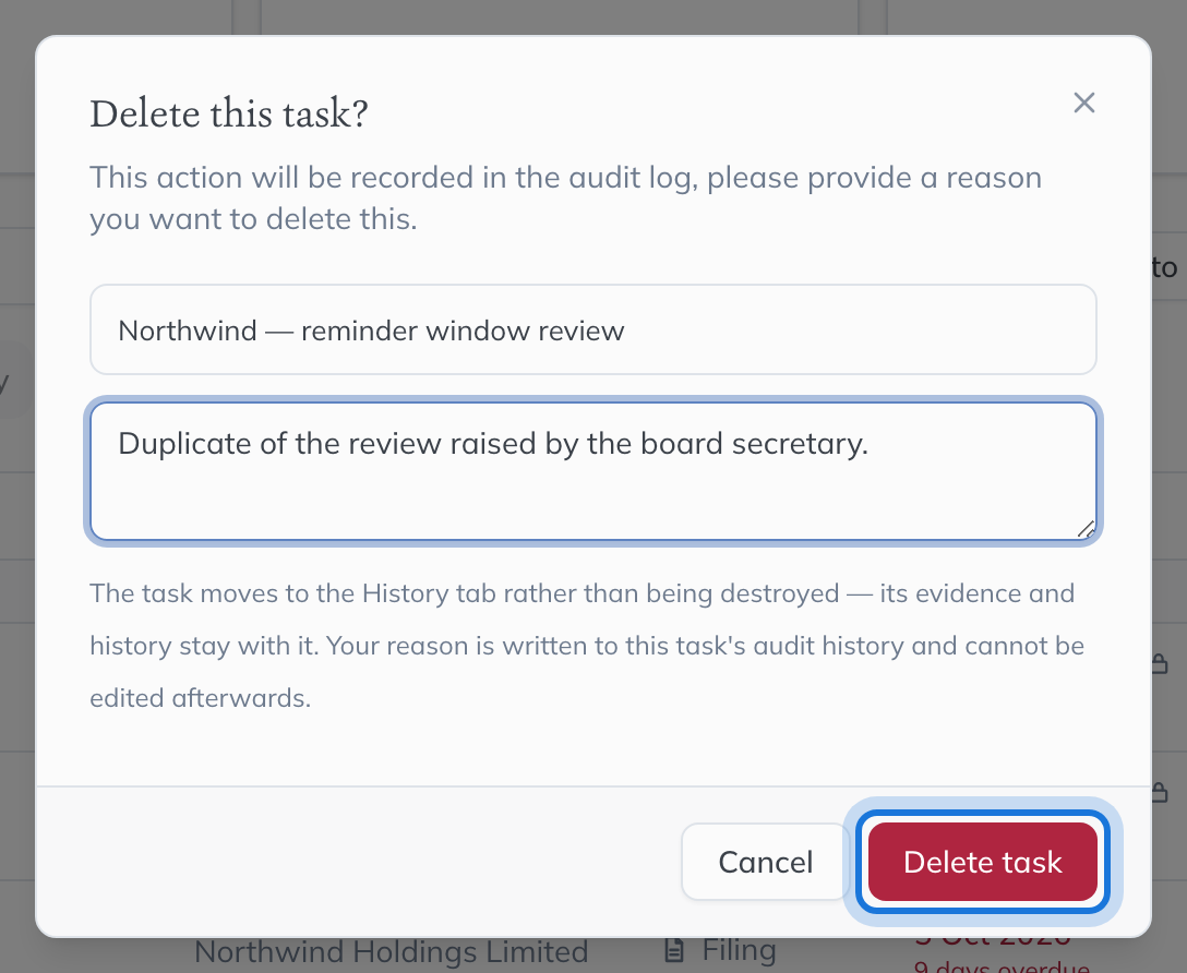 The Delete this task dialog with a reason written in, and Delete task highlighted.