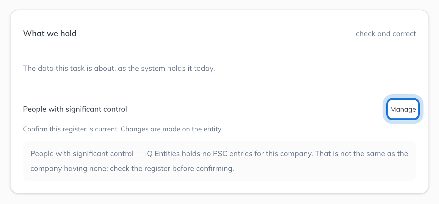 The What we hold card, showing the register this task is about as it stands today, with Manage highlighted.
