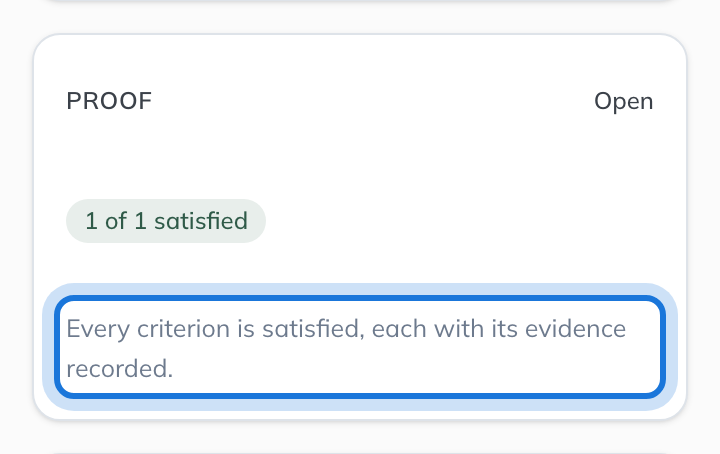 The Proof card after the filing is recorded, with every criterion satisfied.