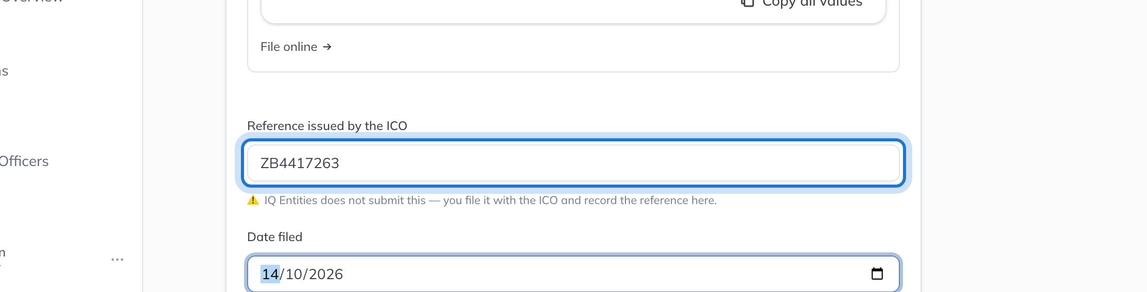 The Reference issued by the ICO field filled in, with the note that IQ Entities does not submit this, and Date filed below it.