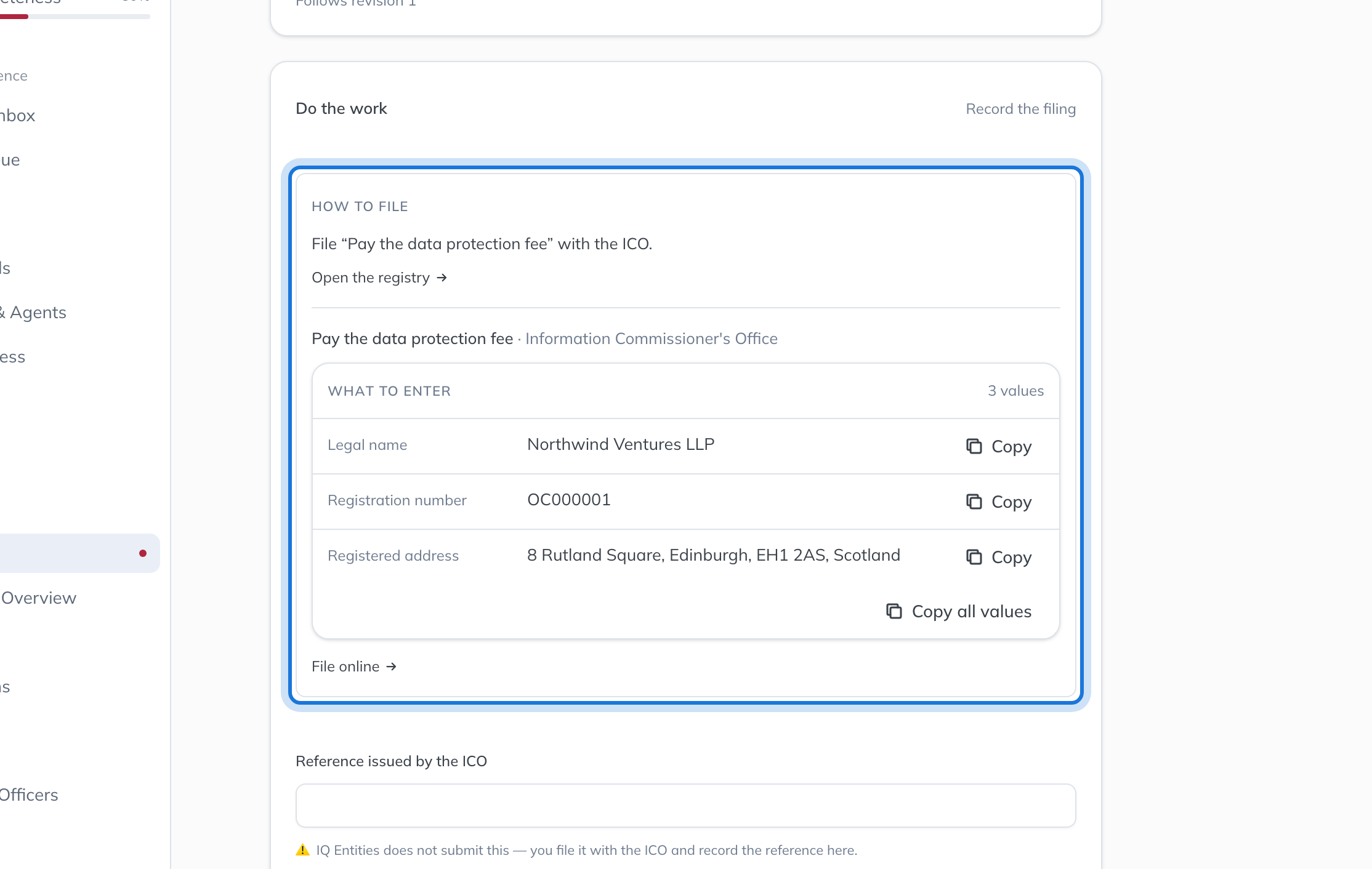 The How to file panel: where the duty is filed, a link to the registry, and the values to enter with Copy beside each.
