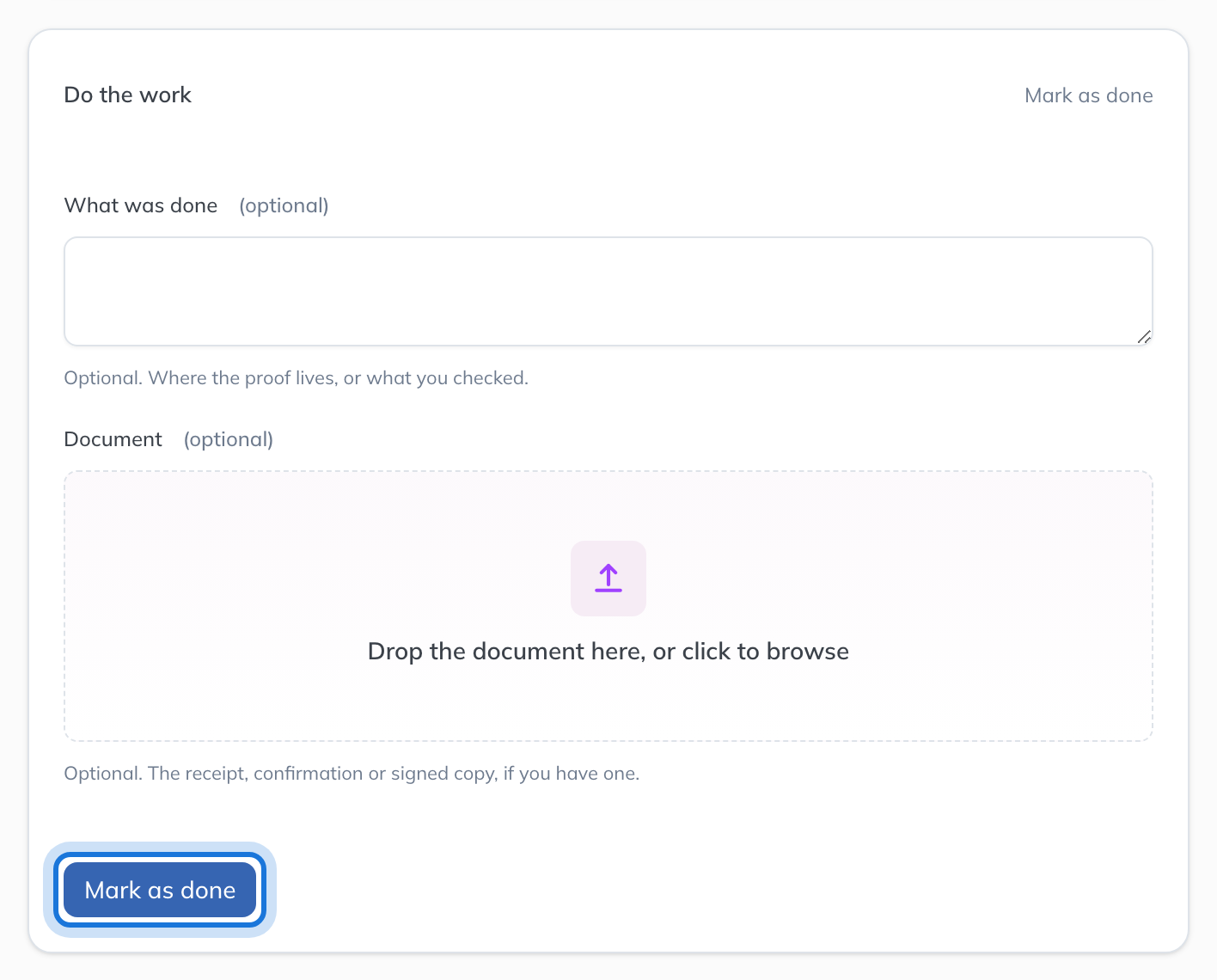 The Do the work card on the payment task, with Mark as done highlighted.