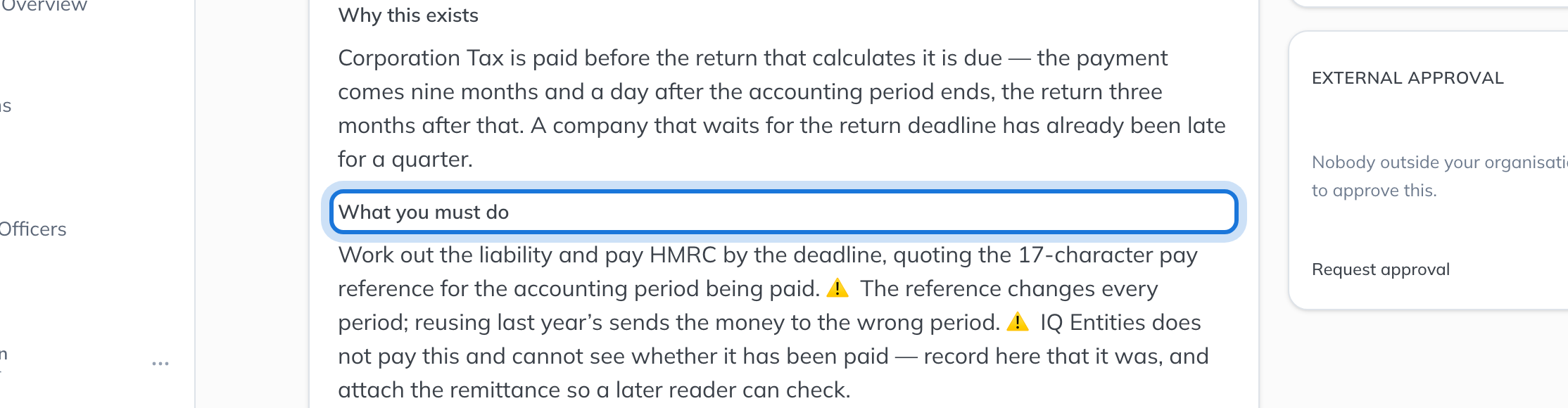 The Pay Corporation Tax task, saying what must be done and that IQ Entities does not pay it.