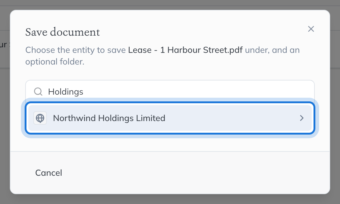 The Save document dialog, with "Holdings" searched and Northwind Holdings Limited highlighted.