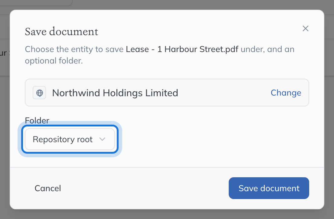 Northwind Holdings Limited chosen, with the Folder list highlighted. Repository root saves it outside any folder.