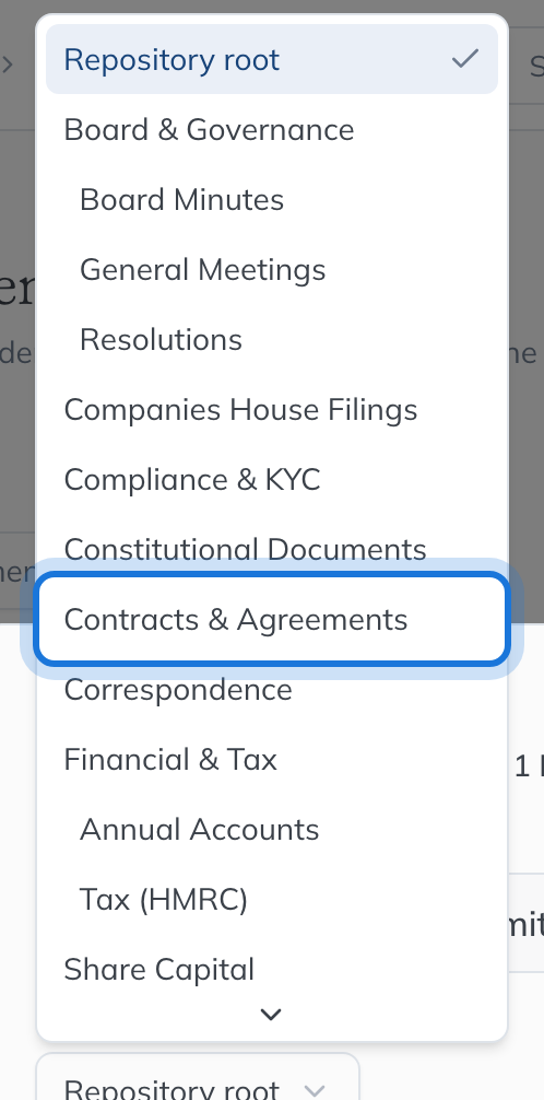 The entity’s folders, with Contracts & Agreements highlighted.