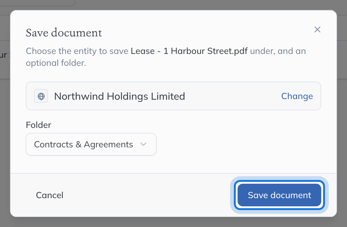 The Save document dialog ready to save the lease under Northwind Holdings Limited, in Contracts & Agreements.