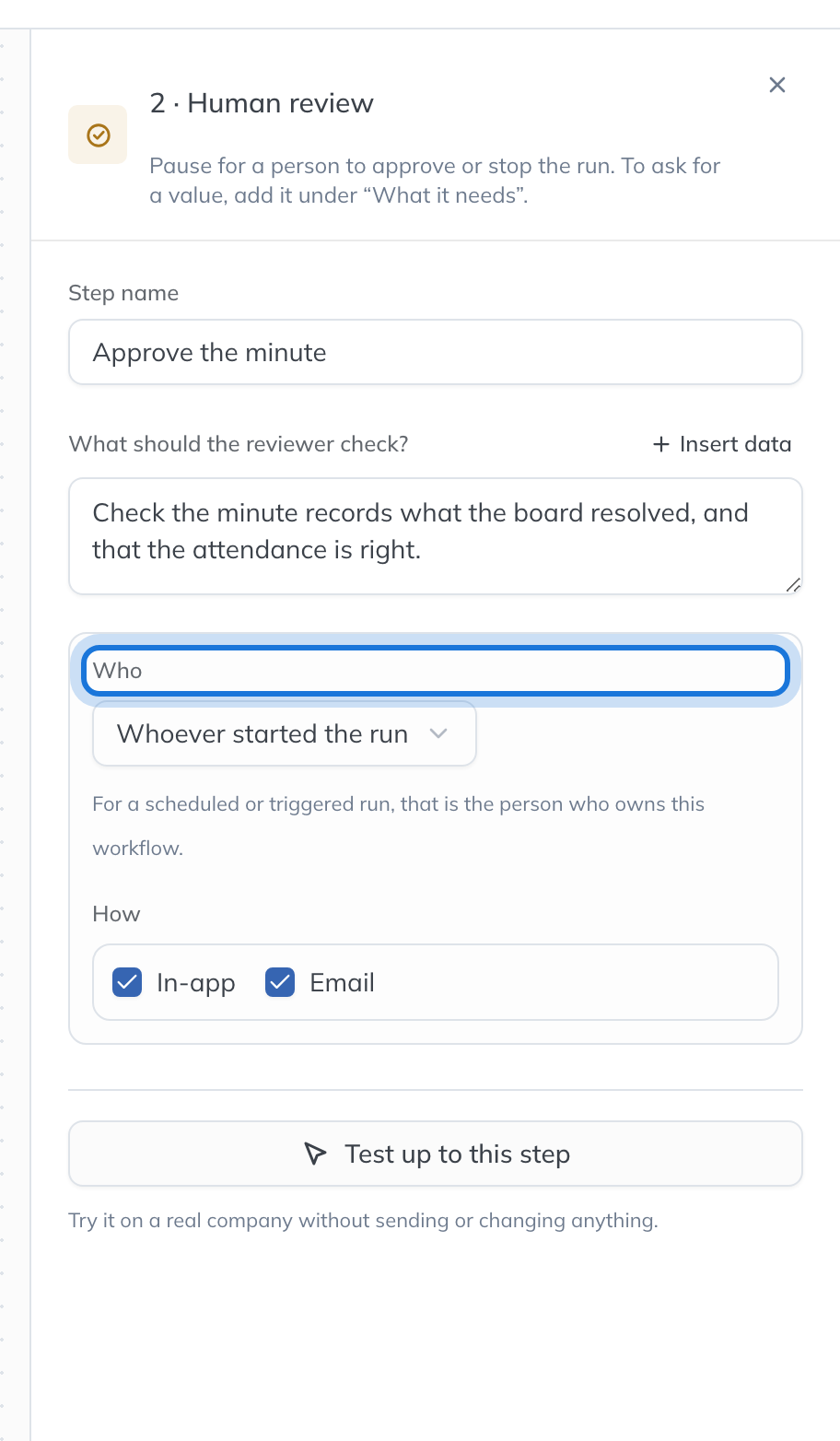 The settings of a Human review step: what the reviewer should check, Who is asked, and How they are told.