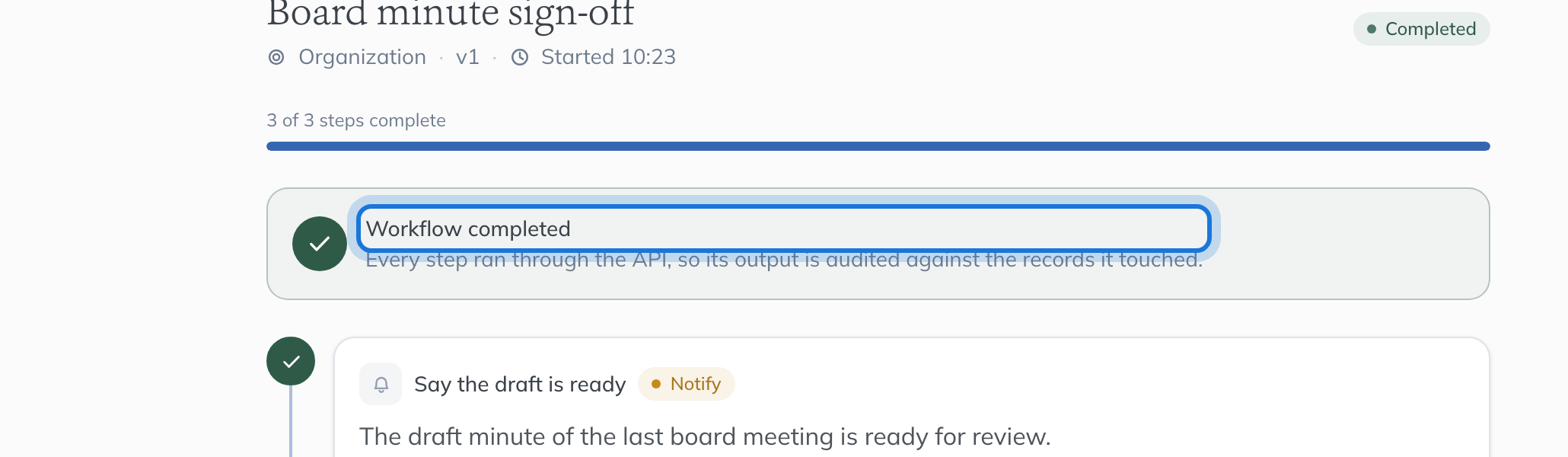 The run after approval: Workflow completed, with every step done.
