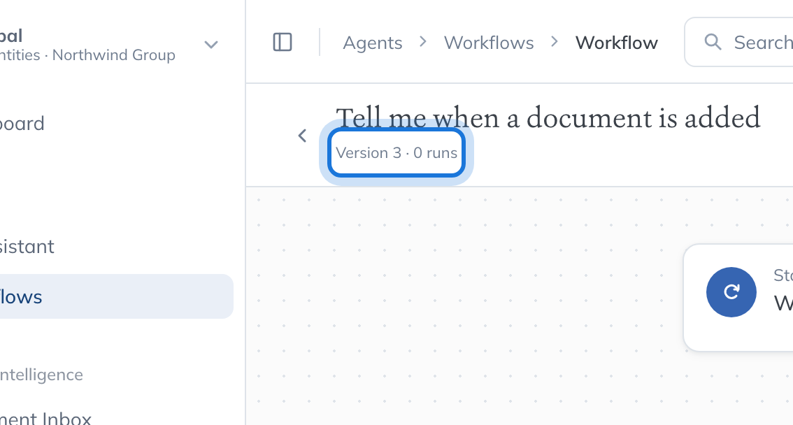 The workflow’s name at the top of the builder, with its version and number of runs underneath, beside the Build and Review tabs.