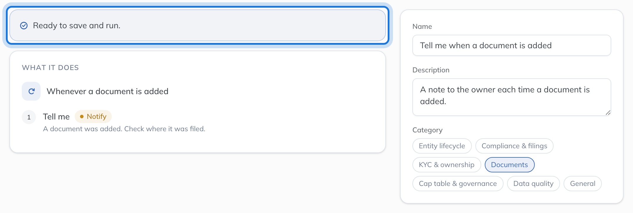 The Review tab: whether the workflow is ready to save and run, and what it does read back as sentences.
