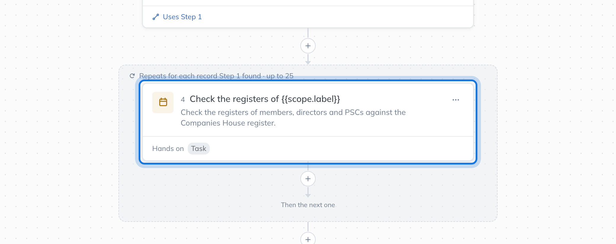 The loop on the builder canvas: the task to repeat sits inside a frame under For each company found.