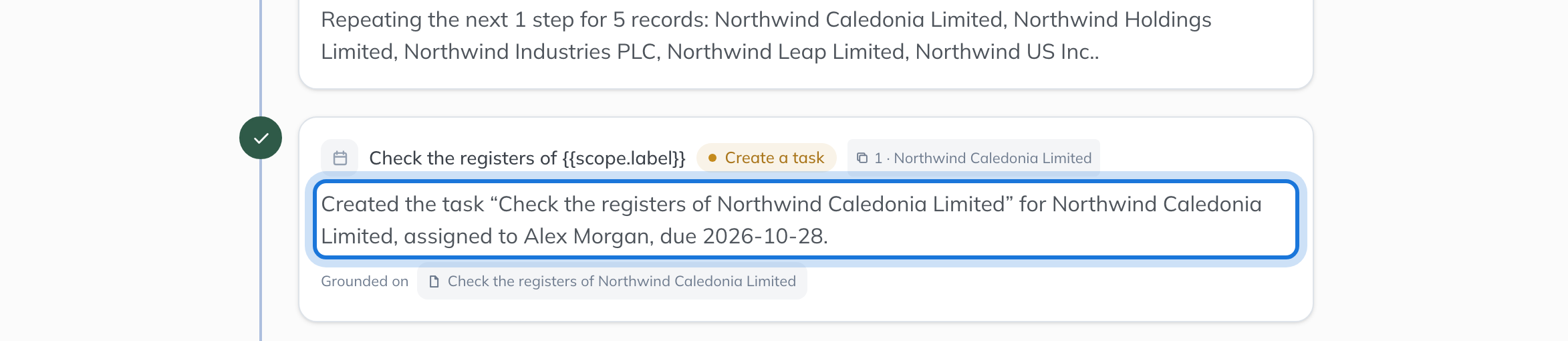 The run of the workflow, with the task step repeated once for each company, each labelled with the company’s name.