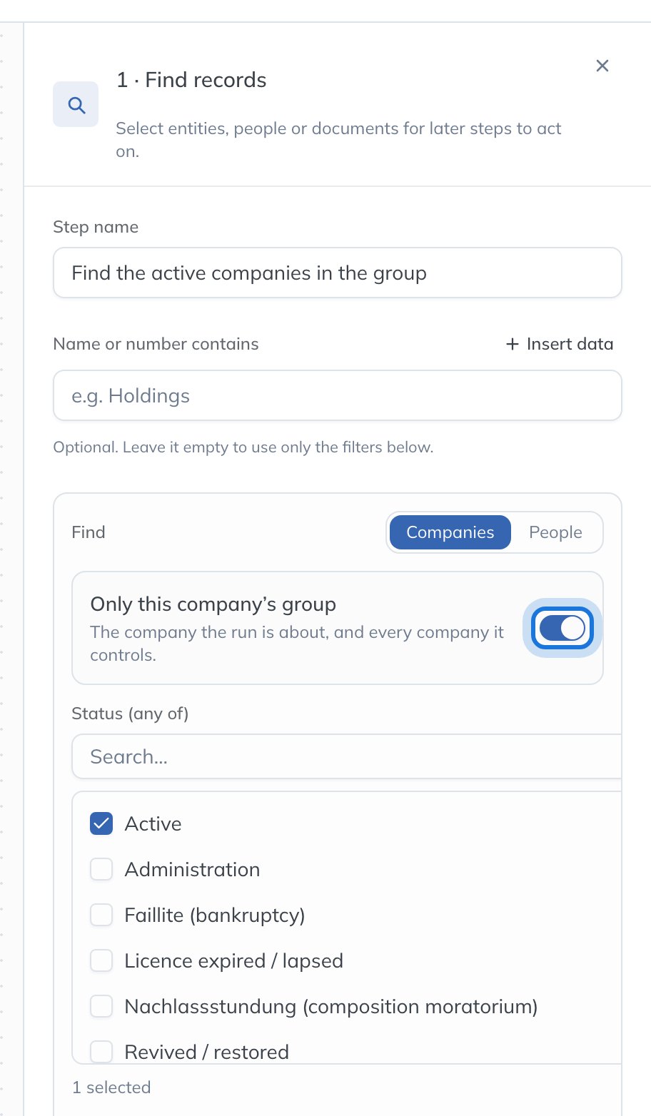The settings of a Find records step: Companies, Only this company’s group switched on, and Active chosen under Status.